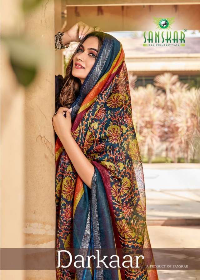 sanskar tex print darkaar fancy silk saris wholesaler in surat 