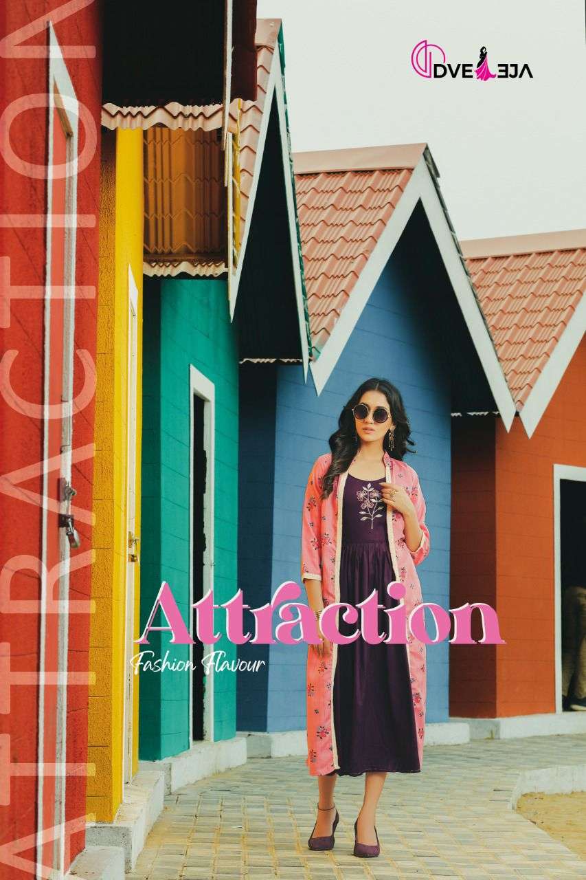 ATTRACTION BY DVEEJA HEAVY RAYON KURTI WITH JACKET KURTI CATALOG WHOLESALER BEST RATE