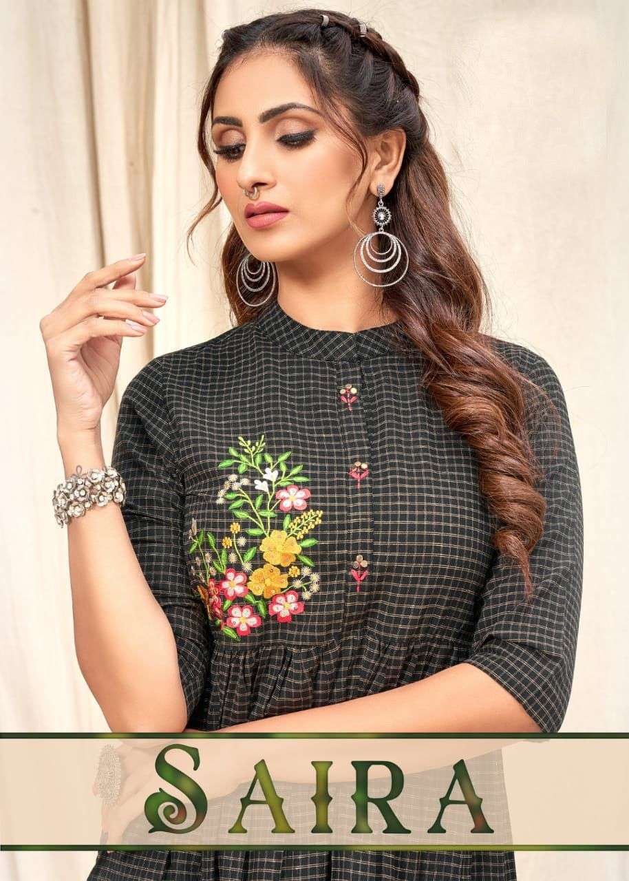  BEAUTY QUEEN SAIRA Heavy rayon chax fabrics with embrodary work &  ghera  concept  style  kurti catlog WHOLESALER BEST  RATE