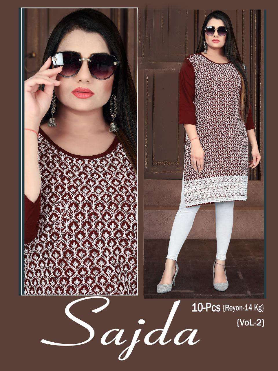 BEAUTY QUEEN SAJDA HEAVY Rayon 14 Kg Chikan Work KURTI CATALOG WHOLESALER BEST RATE