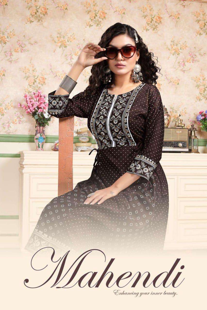 MAHENDI BY BEAUTY QUEEN HEAVY RAYON FOIL GOLD PRINT FLAIR KURTI CATALOG WHOLESALER BEST RATE