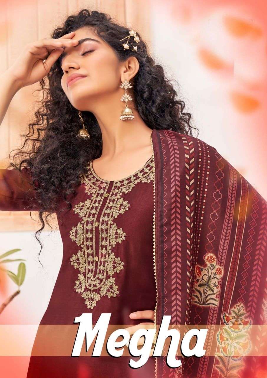 MEGHA Heavy maslin   fabrics with top work & bottom  with dupatt concept style  kurti catlog WHOLESALER BEST RATE