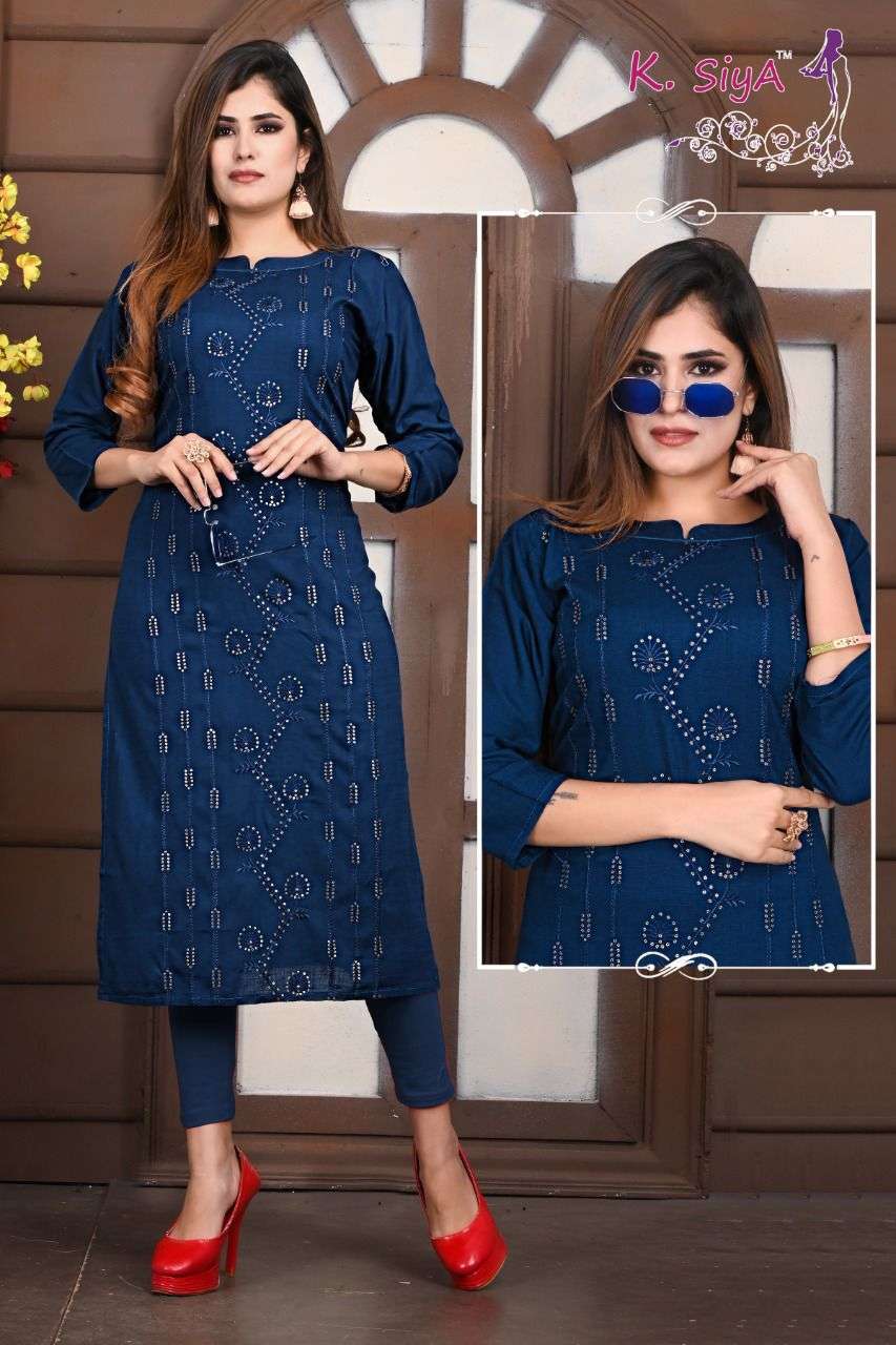 PURVA BY K.SIYA HEAVY RAYON SLUB WITH WORK KURTI CATALOG WHOLESALER BEST RATE