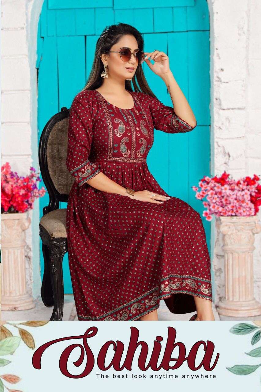 SAHIBA BY BEAUTY QUEEN HEAVY RAYON GOLD PRINT KURTI CATALOG WHOLESALER BEST RATE