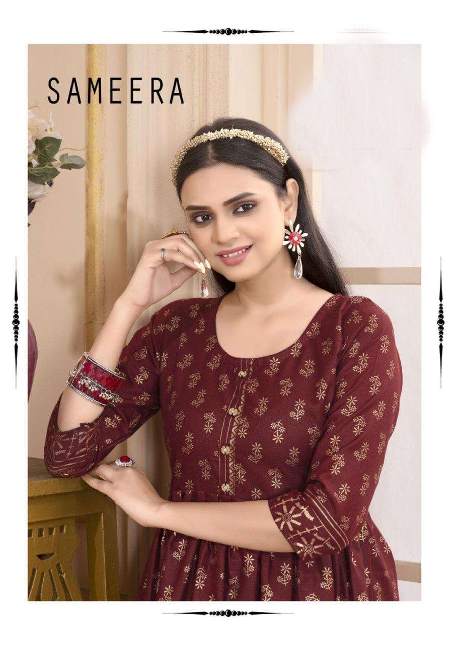 SAMEERA BY BEAUTY QUEEN HEAVY RAYON FOIL GOLD PRINT KURTI CATALOG WHOLESALER BEST RATE