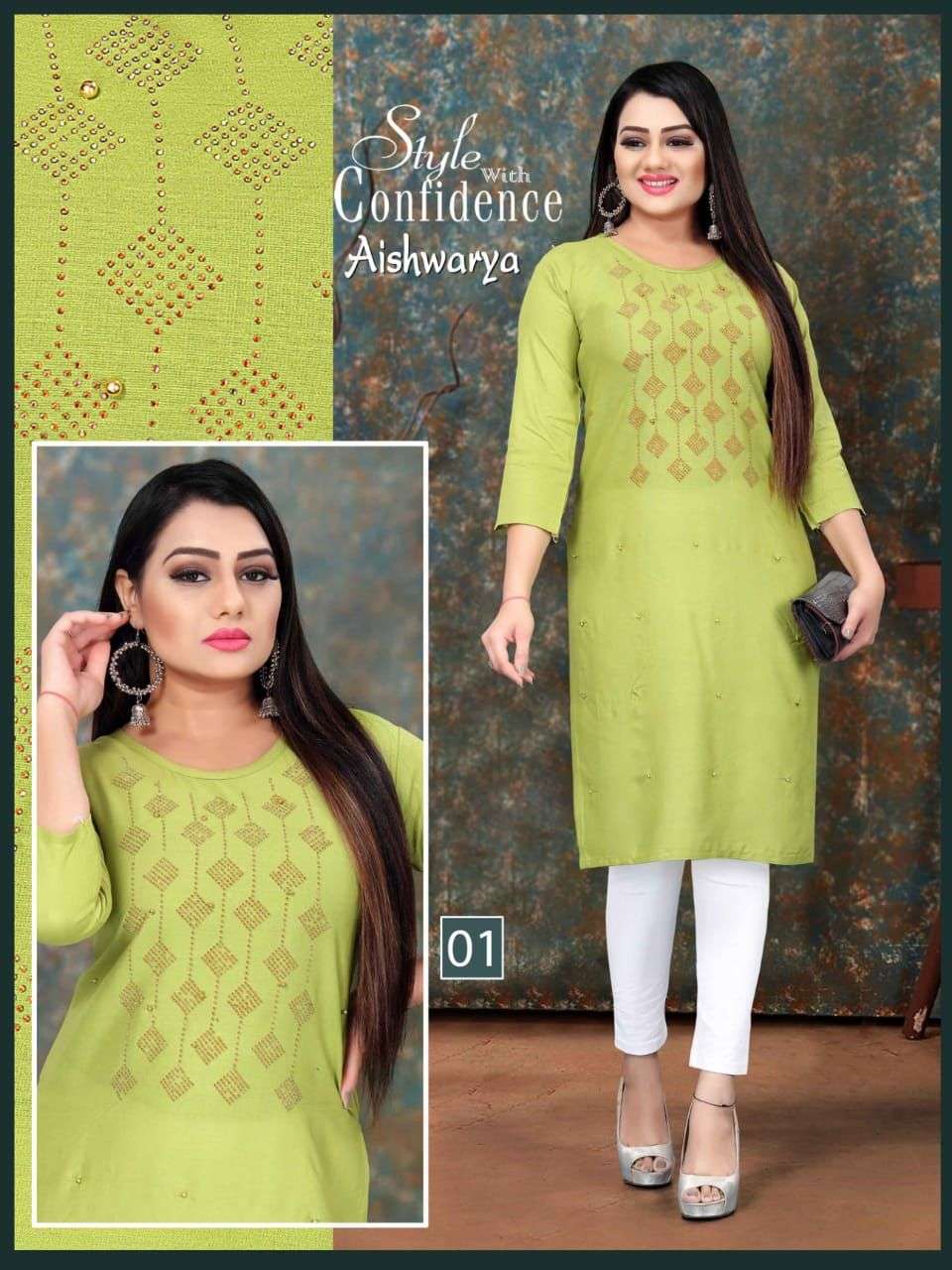 AISHWARYA  HEAVY RAYON STONE WORK KURTI CATALOG WHOLESALER BEST RATE