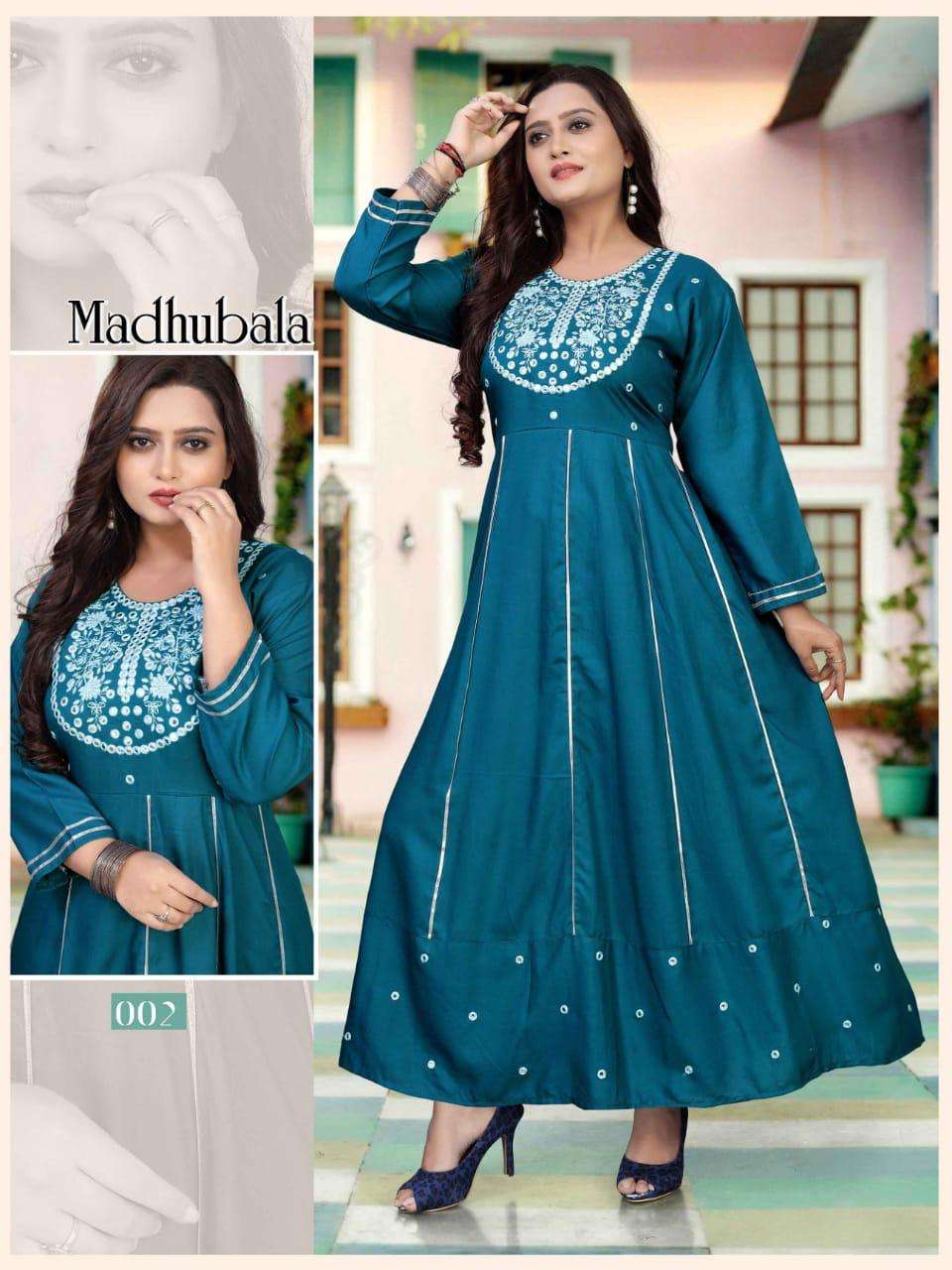 BEAUTY QUEEN MADHUBALA VOL.2 HEAVY RAYON LONG FLAIR KURTI CATALOG WHOLESALER BEST RATE