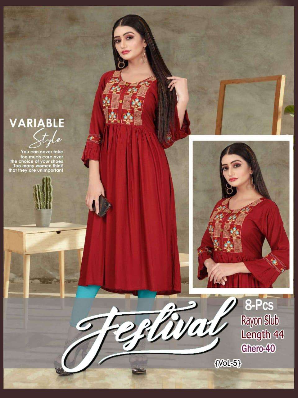 FESTIVAL VOL.5 HEAVY RAYON WORK KURTI CATALOG WHOLESALER BEST RATE