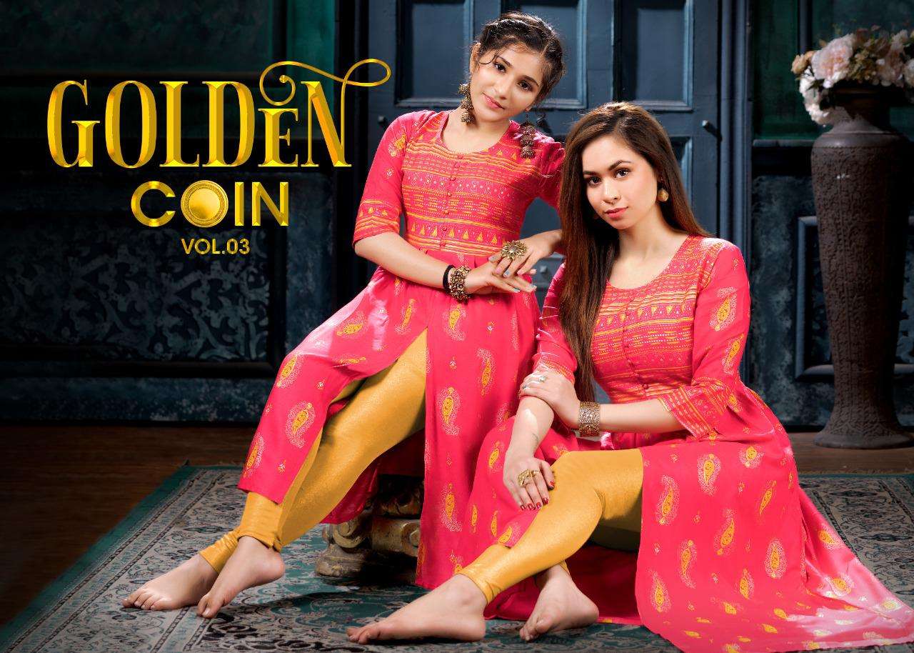 GOLDEN COIN VOL.3 CHILD BY BEAUTY QUEEN HEAVY RAYON GOLD PRINT CUT KURTI CATALOG WHOLESALER BEST RATE IN AHMEDABAD SURAT CHEENAI MUMBAI INDIA MALAYSIA