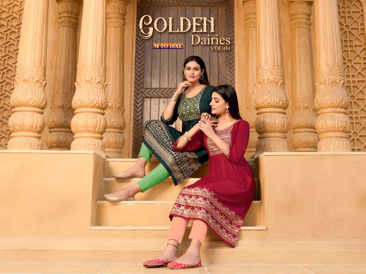 GOLDEN DAIRIES VOL.4 HEAVY RAYON SLUB Zari with SEQUENCE SLEEVES WORK KURTI CATALOG WHOLESALER BEST RATE