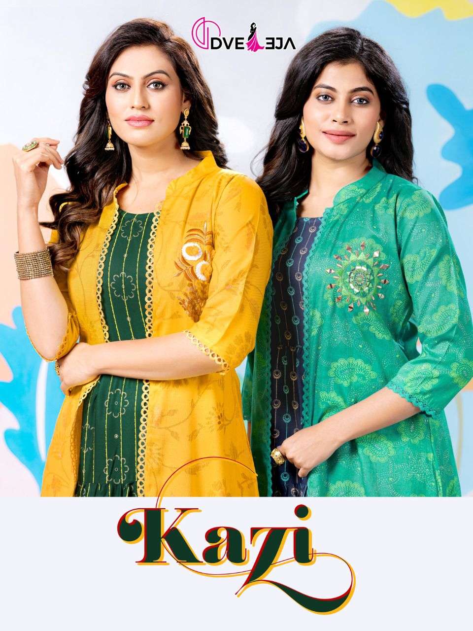 KAZI BY DVEEJA HEAVY RAYON FANCY LACE IN JACKET MANUAL MIRROR WORK IN JACKET SEPERATE KURTI WITH SEPERATE CATLOG WHOLESALER BEST RATE