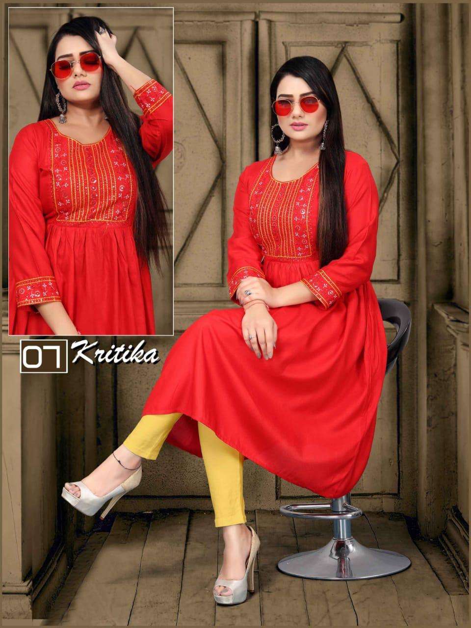 KRITIKA HEAVY RAYON WORK KURTI CATALOG WHOLESALER BEST RATE