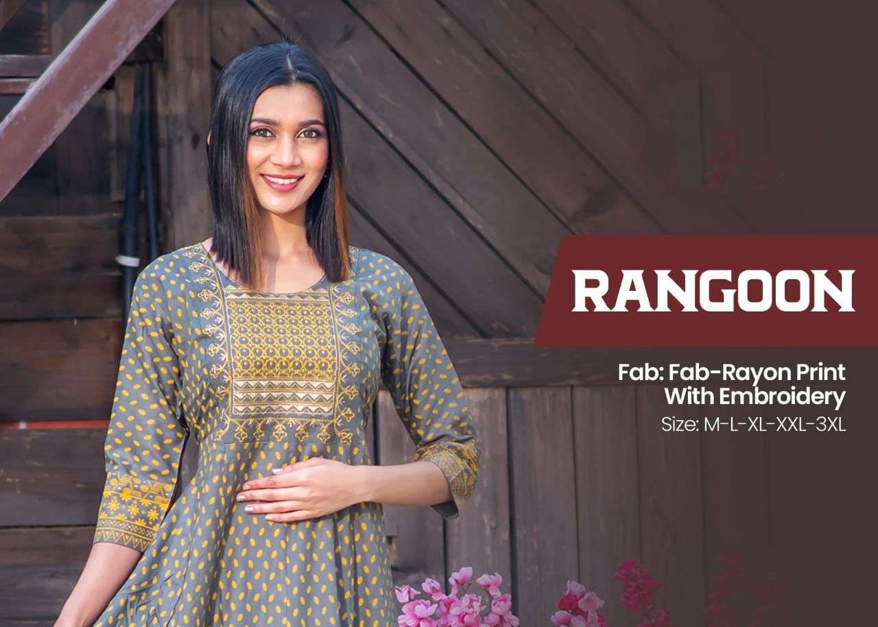 RANGOON HEAVY RAYON PRINT WITH  EMBROIDERY WORK KURTI CATALOG WHOLESALER BEST RATE