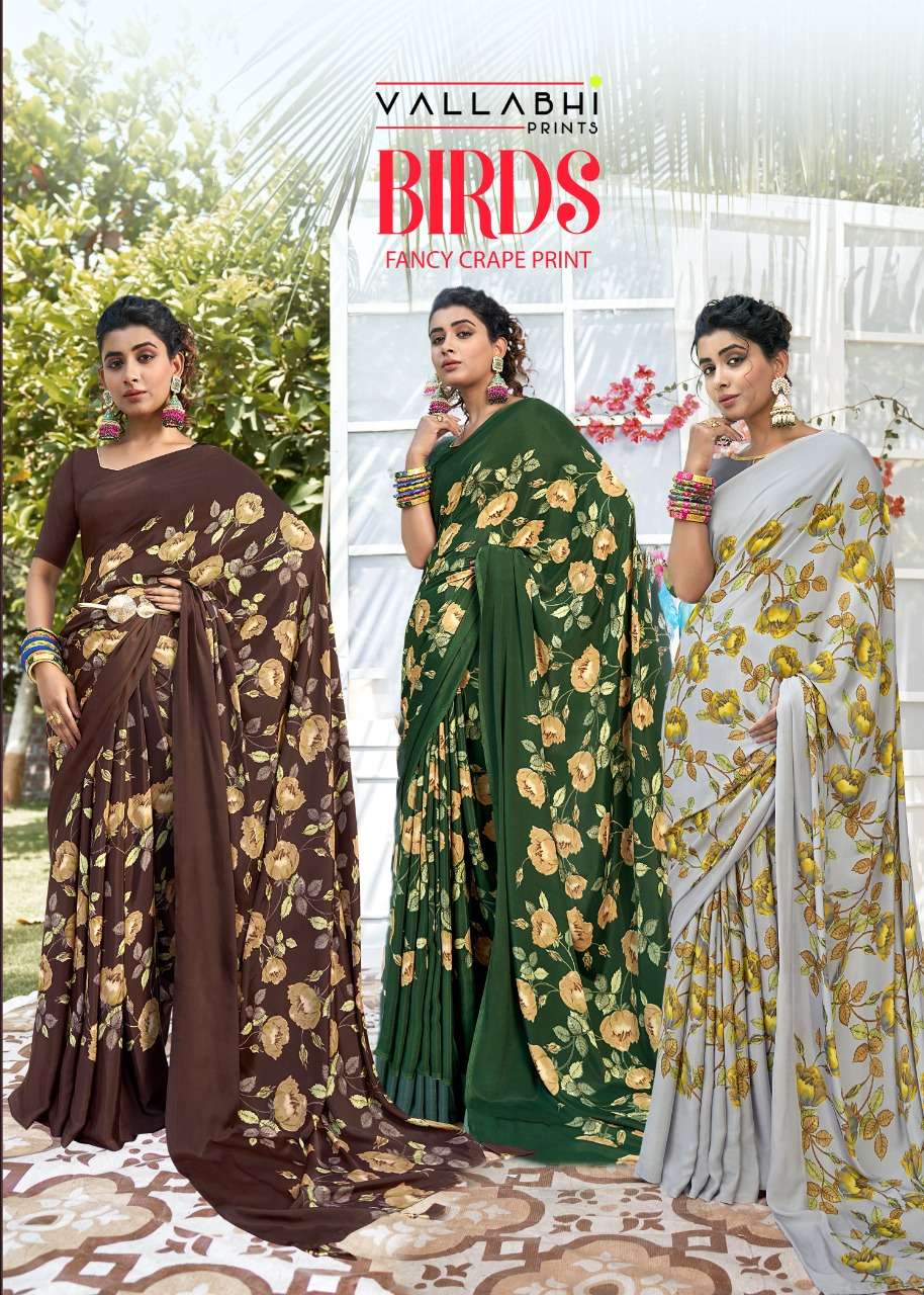 vallabhi prints birds fancy crape print saris wholesaler in surat