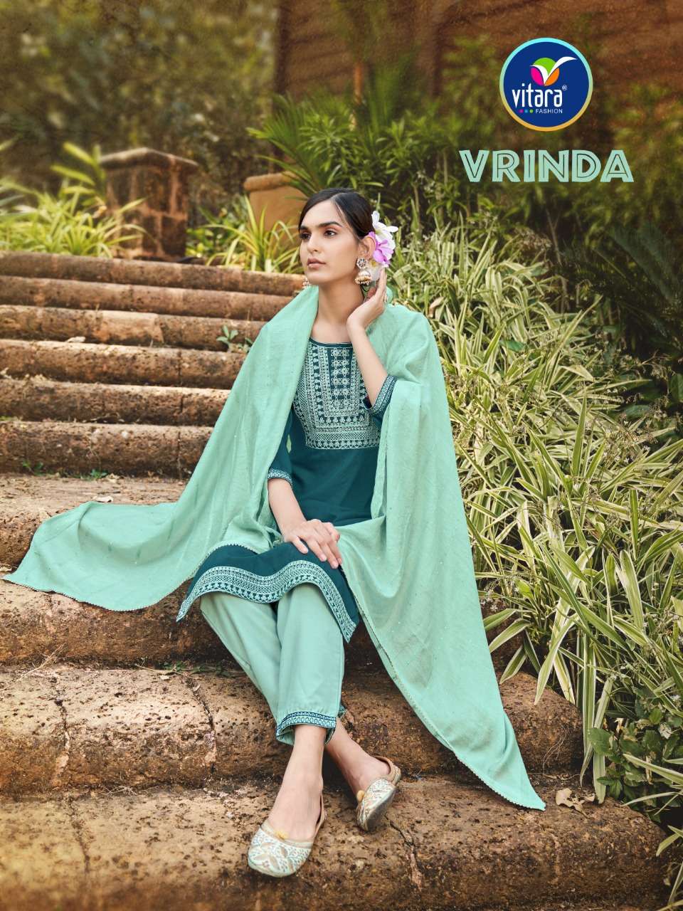 vitara present vrinda pure chinon designer kurti with pant & dupatta 