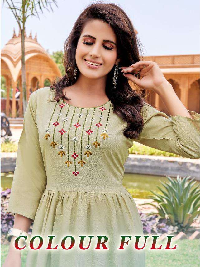 COLOUR FULL HEAVY RAYON 14 KG Fancy LONG KURTI WITH EMBROIDERY 🪡 WORK  WITH THREE LAYERS KURTI CATALOG WHOLESALER BEST RATE