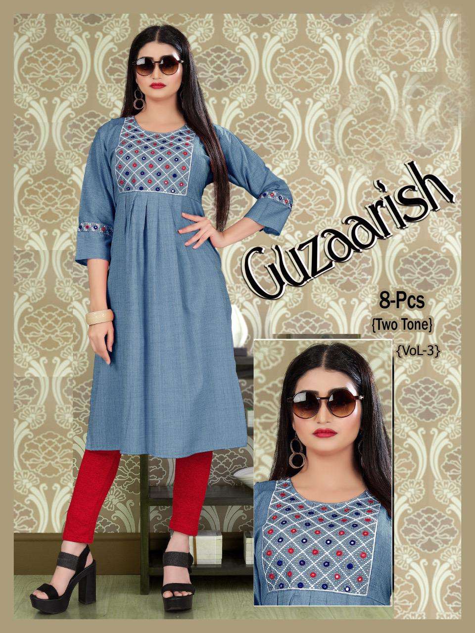 GUZAARISH VOL.3 HEAVY Rayon Two Tone Heavy Tikka Work Embroidered Kurti with Sleeve Work KURTI CATALOG WHOLESALER BEST RATE