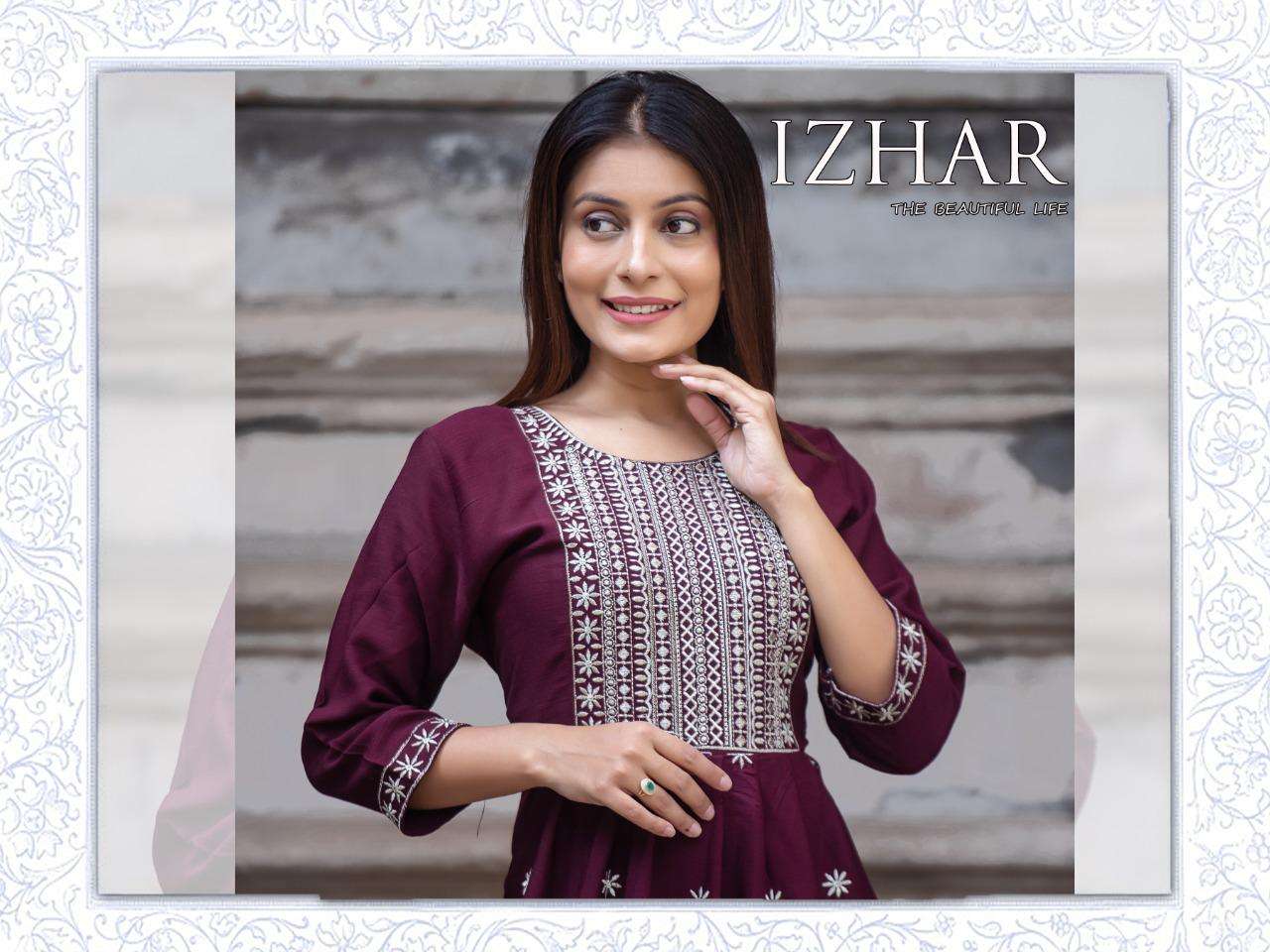 IZHAR HEAVY WRINKLE REYON FROCK STYLE EMBROIDERY JARI WORK LONG KURTI CATALOG WHOLESALER BEST RATE