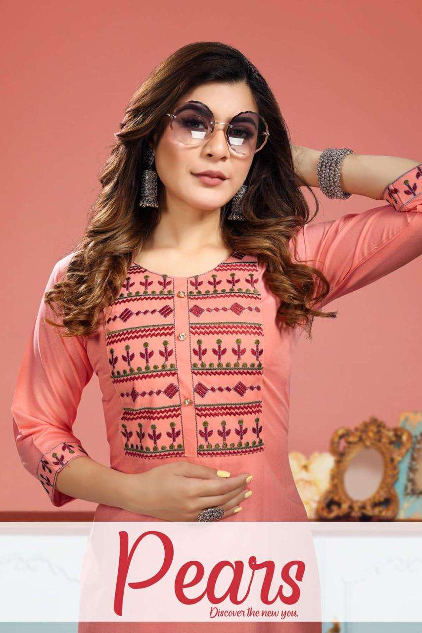 PEARS HEAVY RAYON WITH EMBROIDERY WORK TOP PANT KURTI CATALOG WHOLESALER BEST RATE