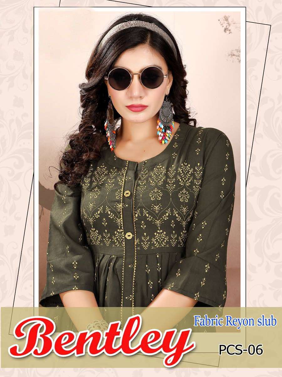 RIYAA BENTLEY HEAVY RAYON SLUB GOLD PRINT GHERA PATTERN KURTI CATALOG WHOLESALER BEST RATE