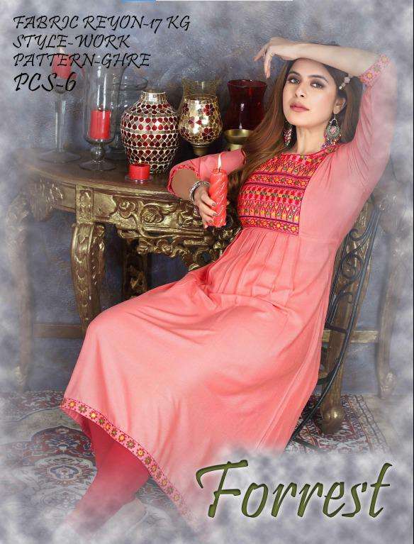 RIYAA FORREST HEAVY RAYON 17KG EMBROIDERY WORK AND GHERA PATTERN KURTI CATALOG WHOLESALER BEST RATE