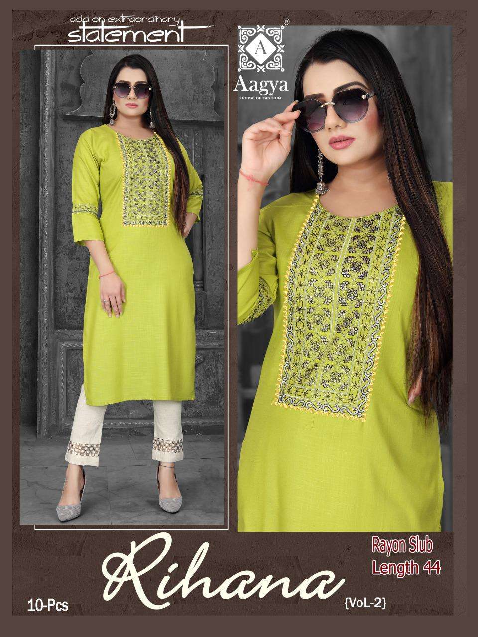 AAGYA Rihanaaa Vol.2 Rayon Slub Sequence Work Galla and Sleeve Work KURTI CATALOG WHOLESALER BEST RATE