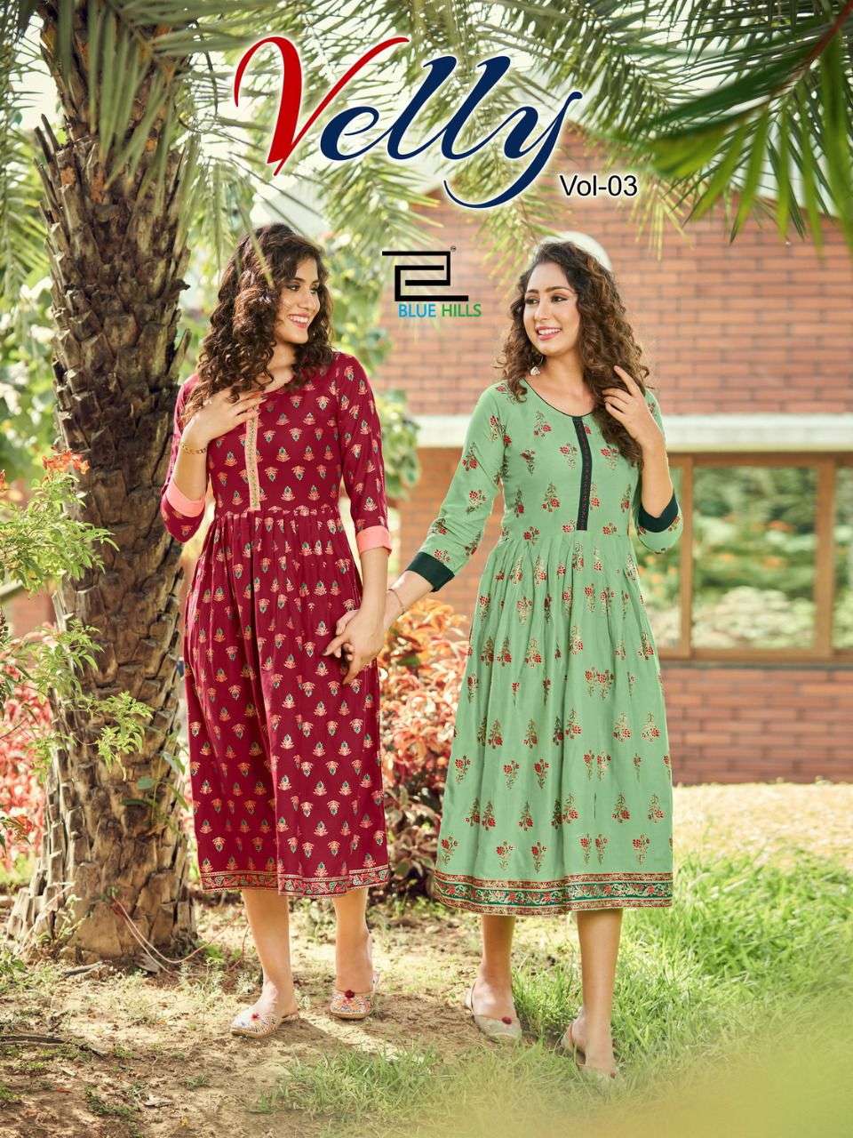 blue hills velly vol 3 rayon kurti with silai pattern with hand work 