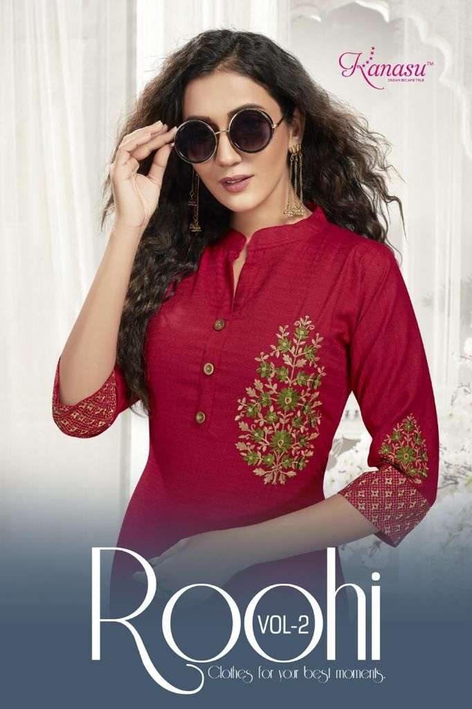  KANASU ROOHI VOL-2 HEAVY REYON JUTE (14KG) STRAIGHT WITH SLEEVES WORK COMPUTER KURTI CATALOG WHOLESALER BEST RATE