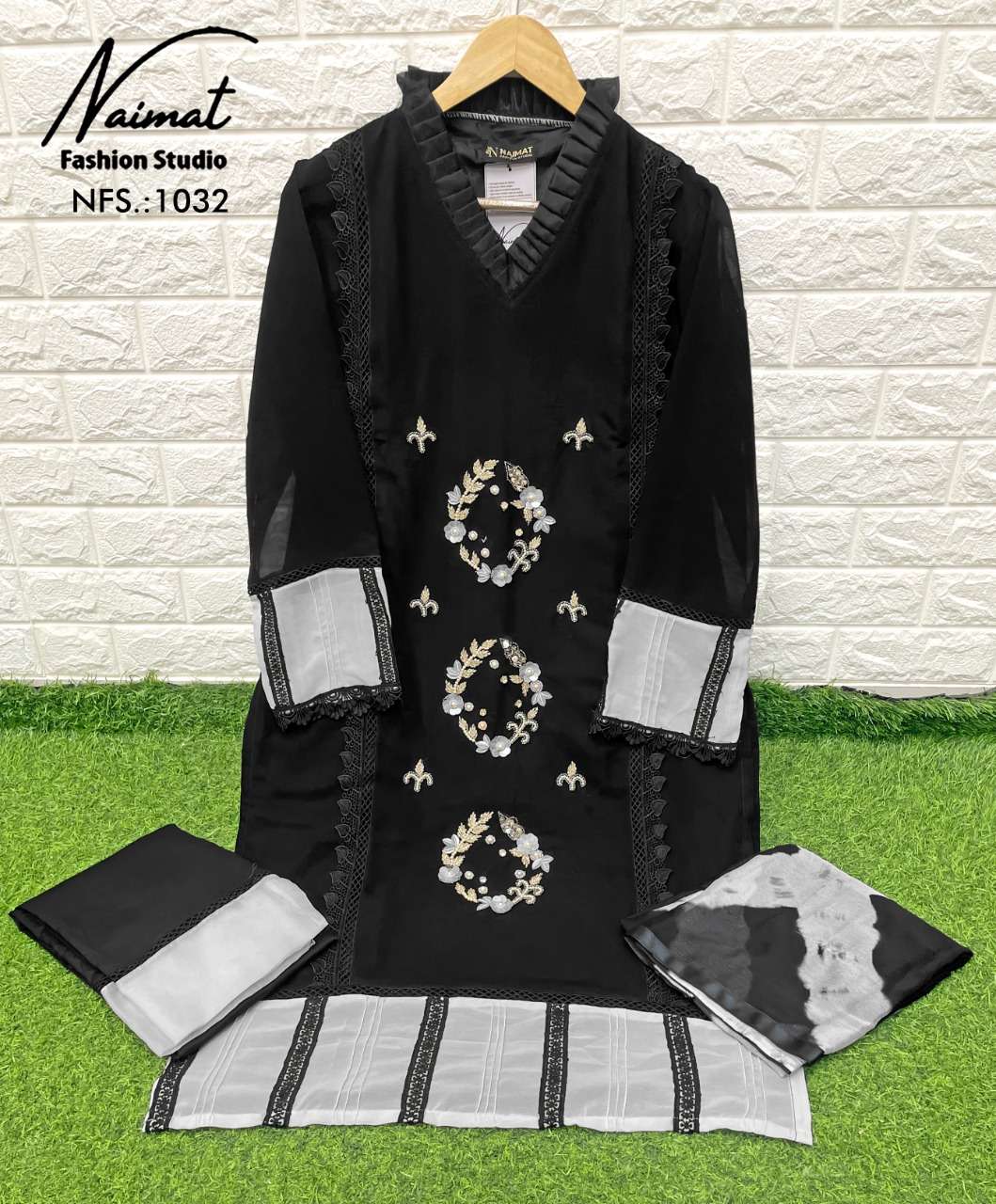 naimat fashion studio nfs 1032 georgette pakistani fancy kurti with pant & dupatta wholesaler