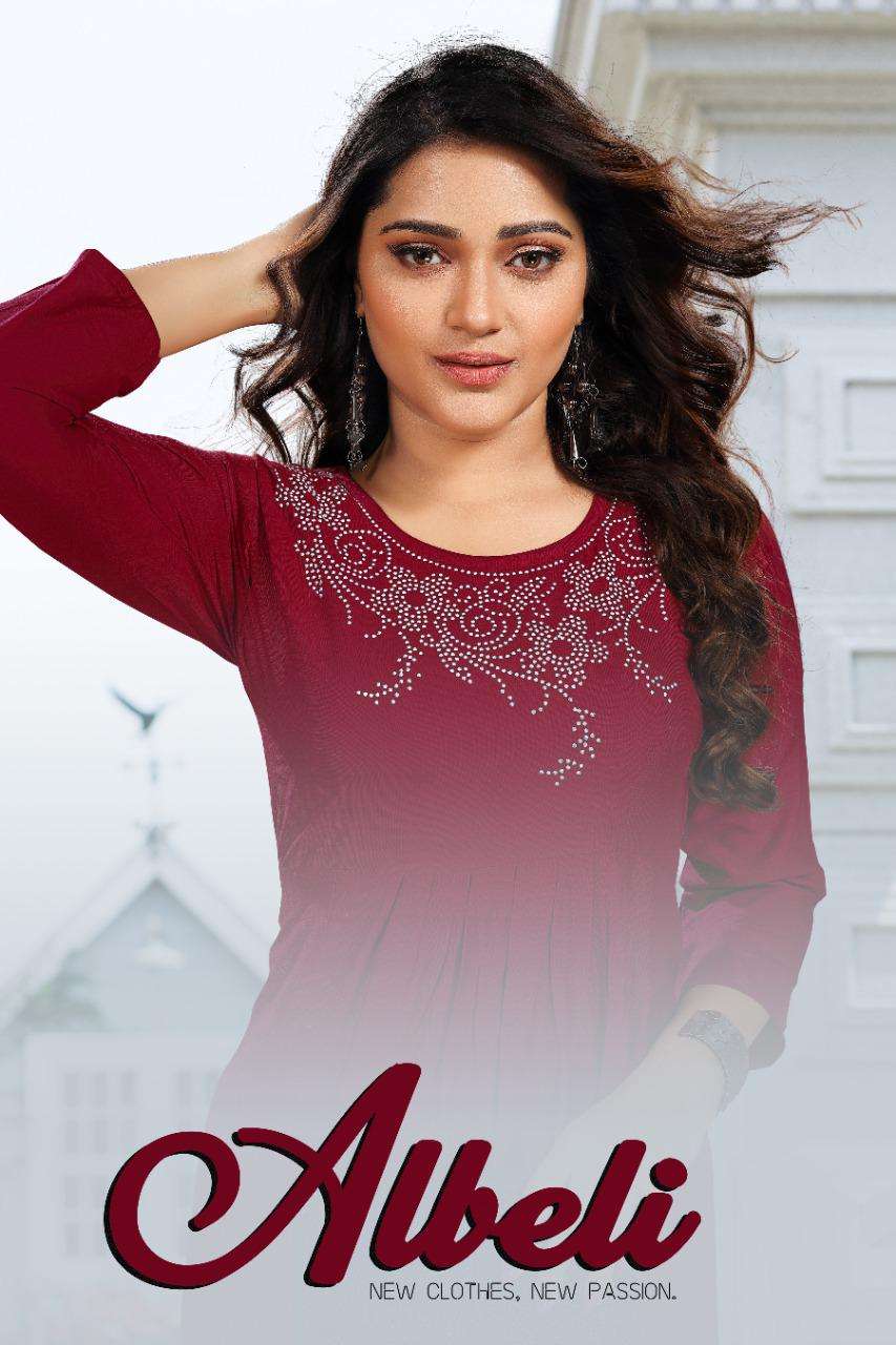 New Albeli HEAVY Reyon stone work frock style KURTI CATALOG WHOLESALER BEST RATE