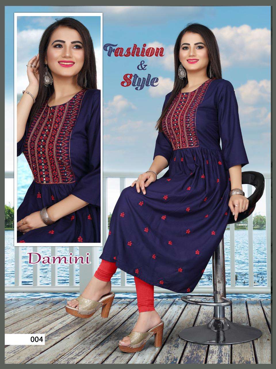 NEW DAMINI VOL.2 Rayon 14 Kg Embroidered Kurti with Chapti Pattern with All over and Galla Work KURTI CATALOG WHOLESALER BEST RATE