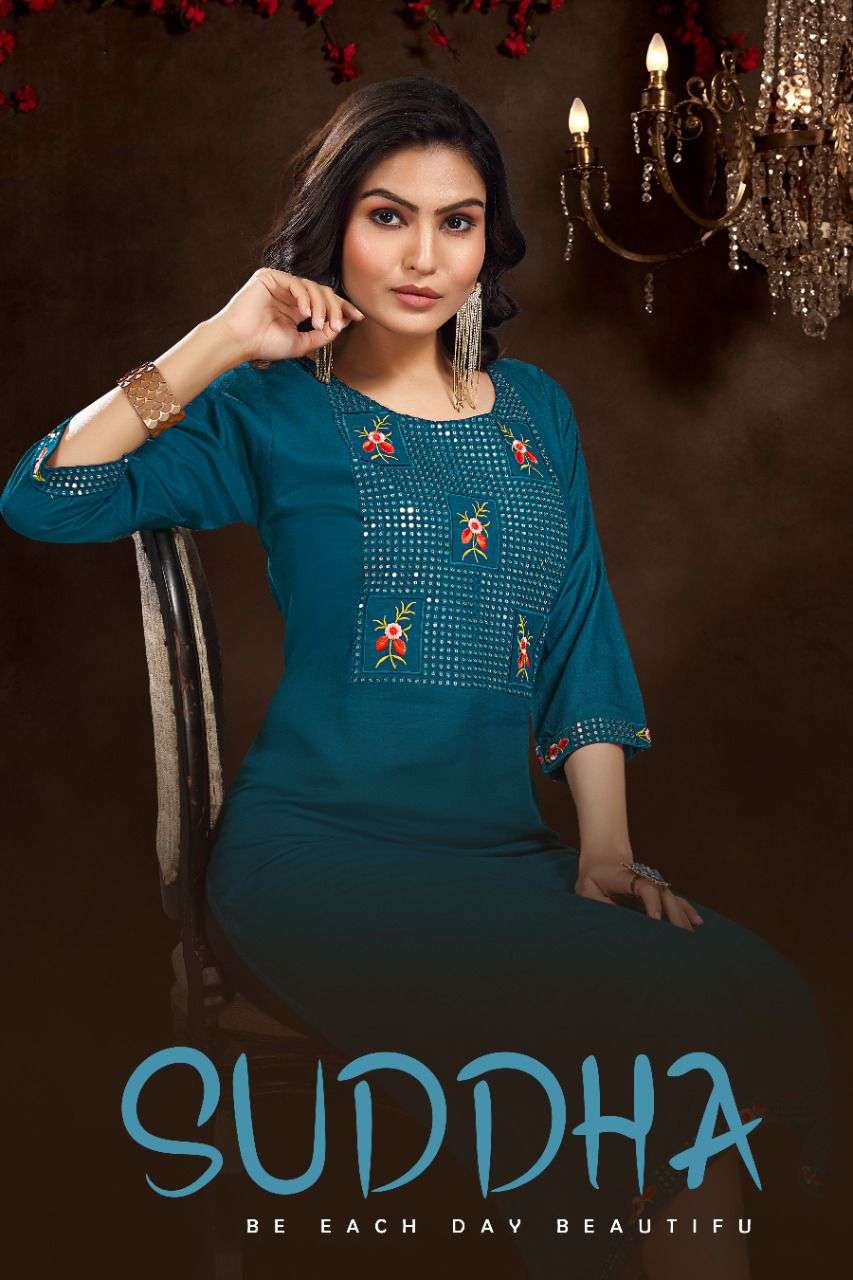 SUDDHA Heavy Reyon slub straight kurta sequence work KURTI CATALOG WHOLESALER BEST RATE