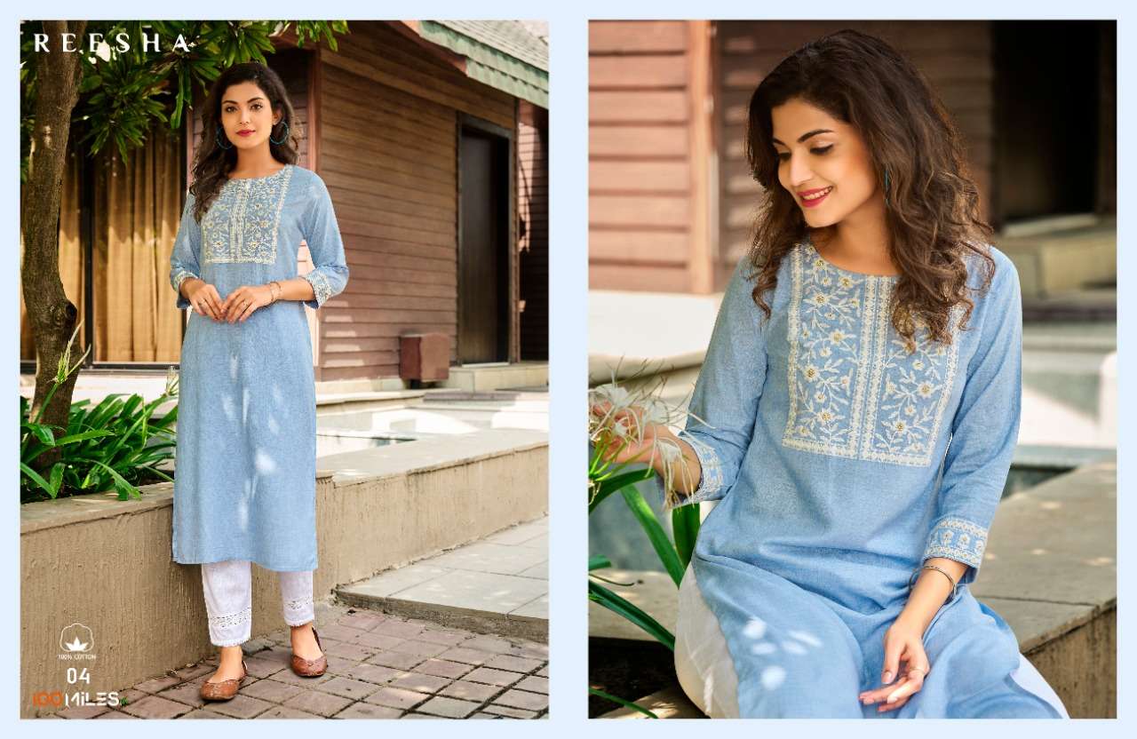 100 miles reesha linen cotton embroidered kurti design 