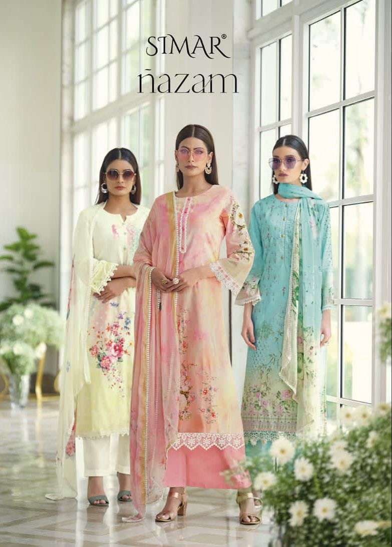 nazam by glossy viscose muslin digital printed handwork salwar kameez