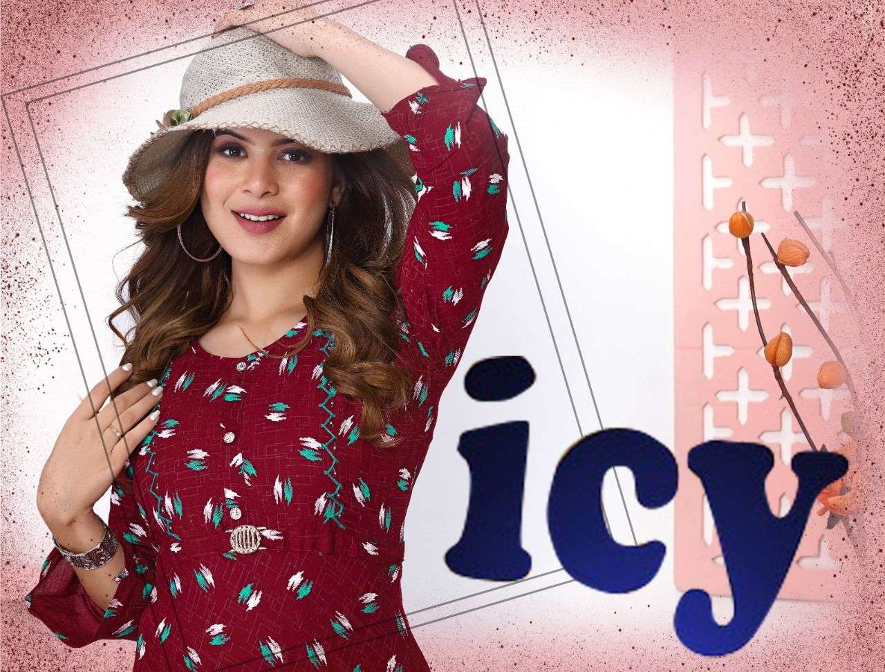 RIYAA ICY VOL.1 14 Kg Rayon printed With handwork FLAIR KURTI CATALOG WHOLESALER BEST RATE