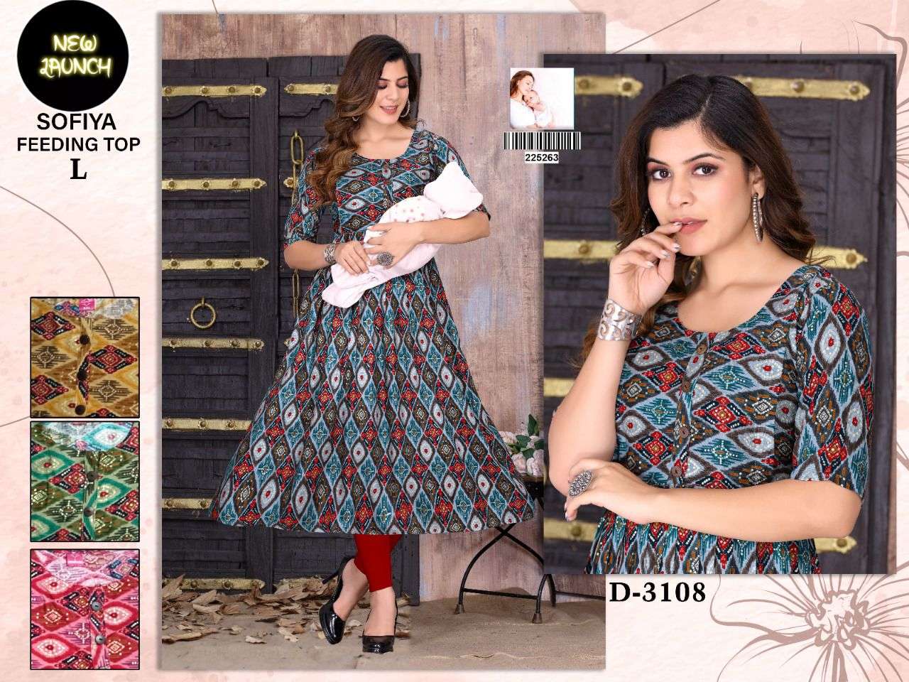 SOFIYA D-3108 HEAVY RAYON PRINT GHERA FEEDING TOP 4 COLOUR MATCHING KURTI CATALOG WHOLESALER BEST RATE