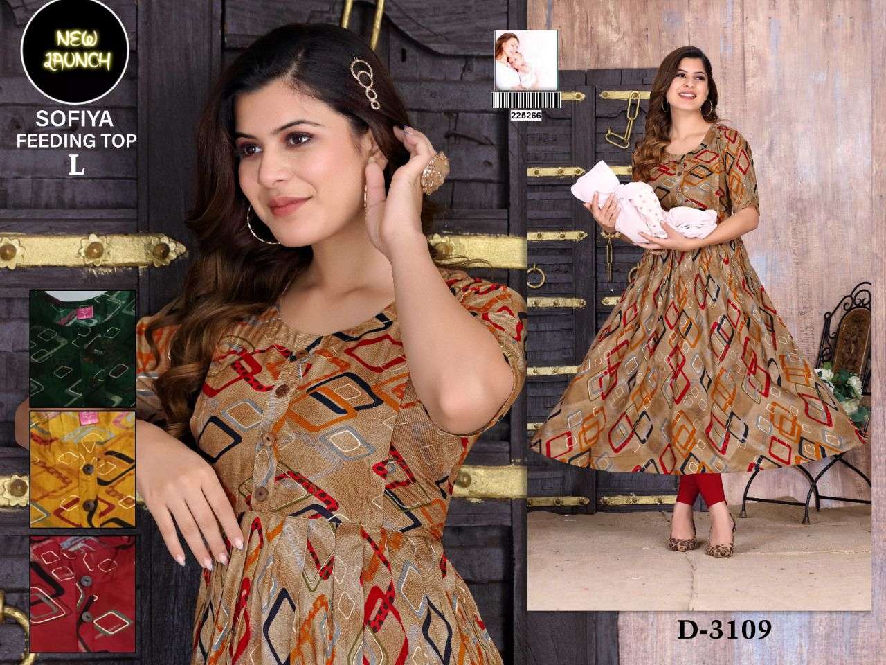 SOFIYA D-3109 HEAVY RAYON PRINT GHERA FEEDING TOP 4 COLOUR MATCHING KURTI CATALOG WHOLESALER BEST RATE