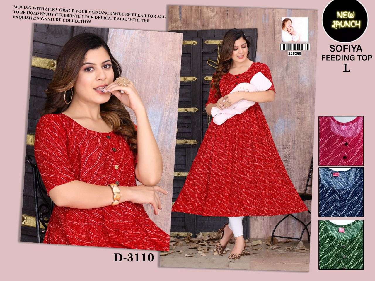 SOFIYA D-3110 HEAVY RAYON PRINT GHERA FEEDING TOP 4 COLOUR MATCHING KURTI CATALOG WHOLESALER BEST RATE