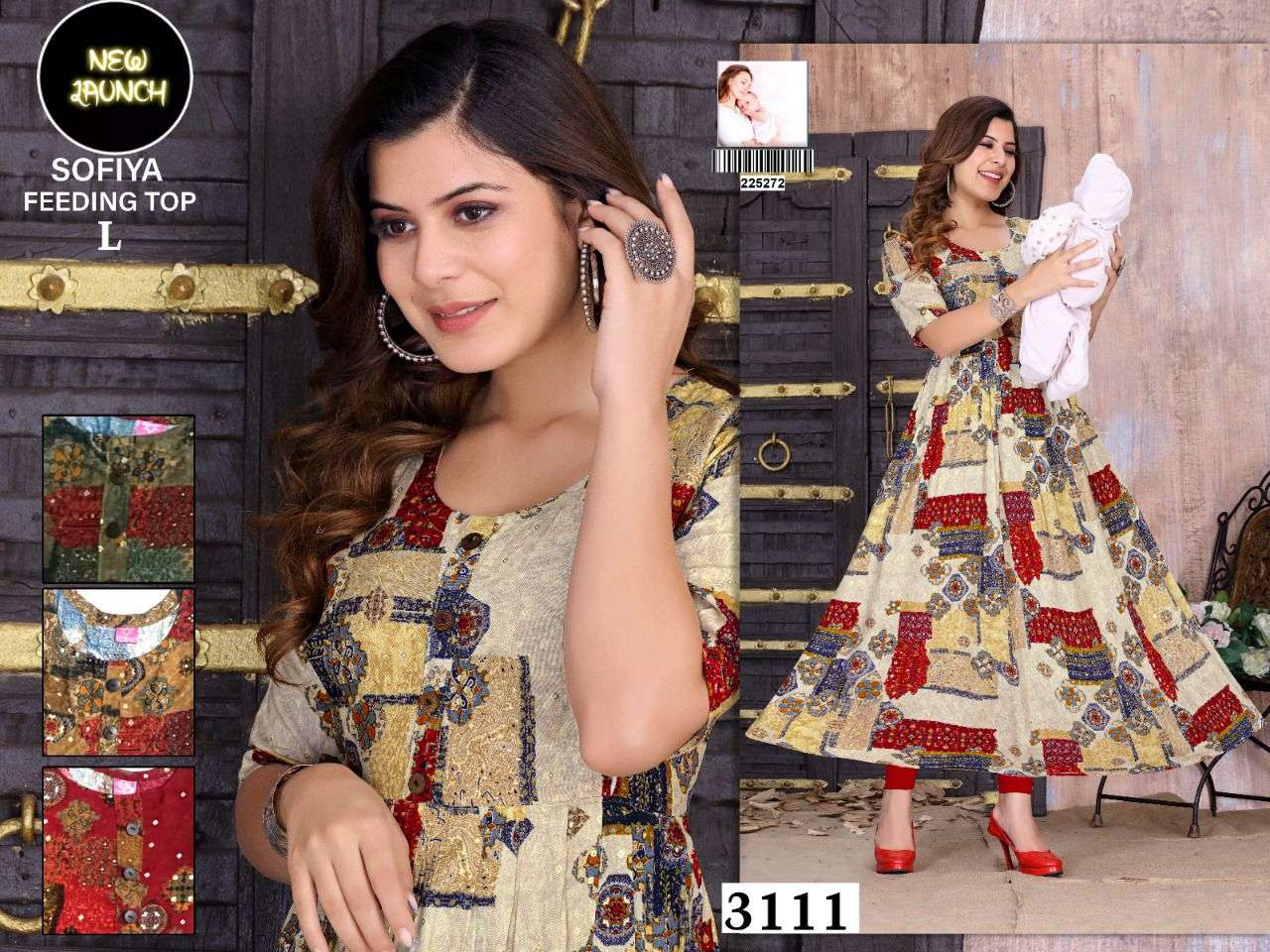 SOFIYA D-3111 HEAVY RAYON PRINT GHERA FEEDING TOP 4 COLOUR MATCHING KURTI CATALOG WHOLESALER BEST RATE