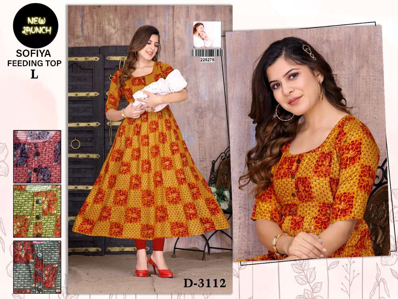 SOFIYA D-3112 HEAVY RAYON PRINT GHERA FEEDING TOP 4 COLOUR MATCHING KURTI CATALOG WHOLESALER BEST RATE