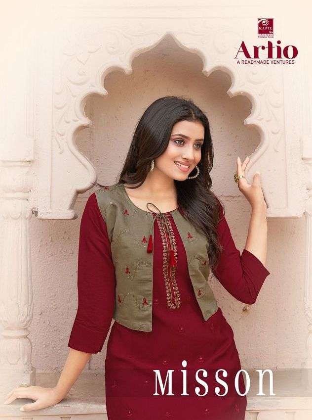 artio mission silk kurti with jacket pattern authorized supplier in surat 