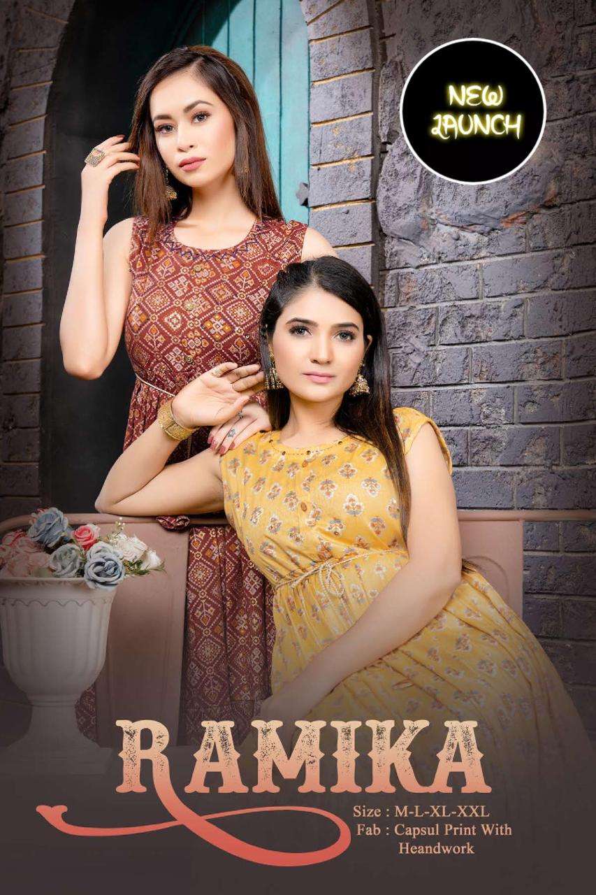 NEW RIYAA RAMIKA VOL.1 HEAVY CAPSULE PRINT PRINT WITH  HANDWORK WITH THREE FOURTH SLEEVES KURTI CATLOG WHOLESALER BEST RATE