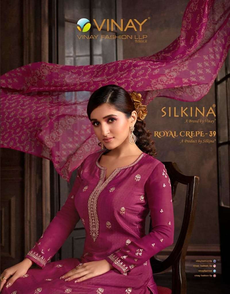 silkina royal crape vol 39 by vinay designer embroidery crape silk suits