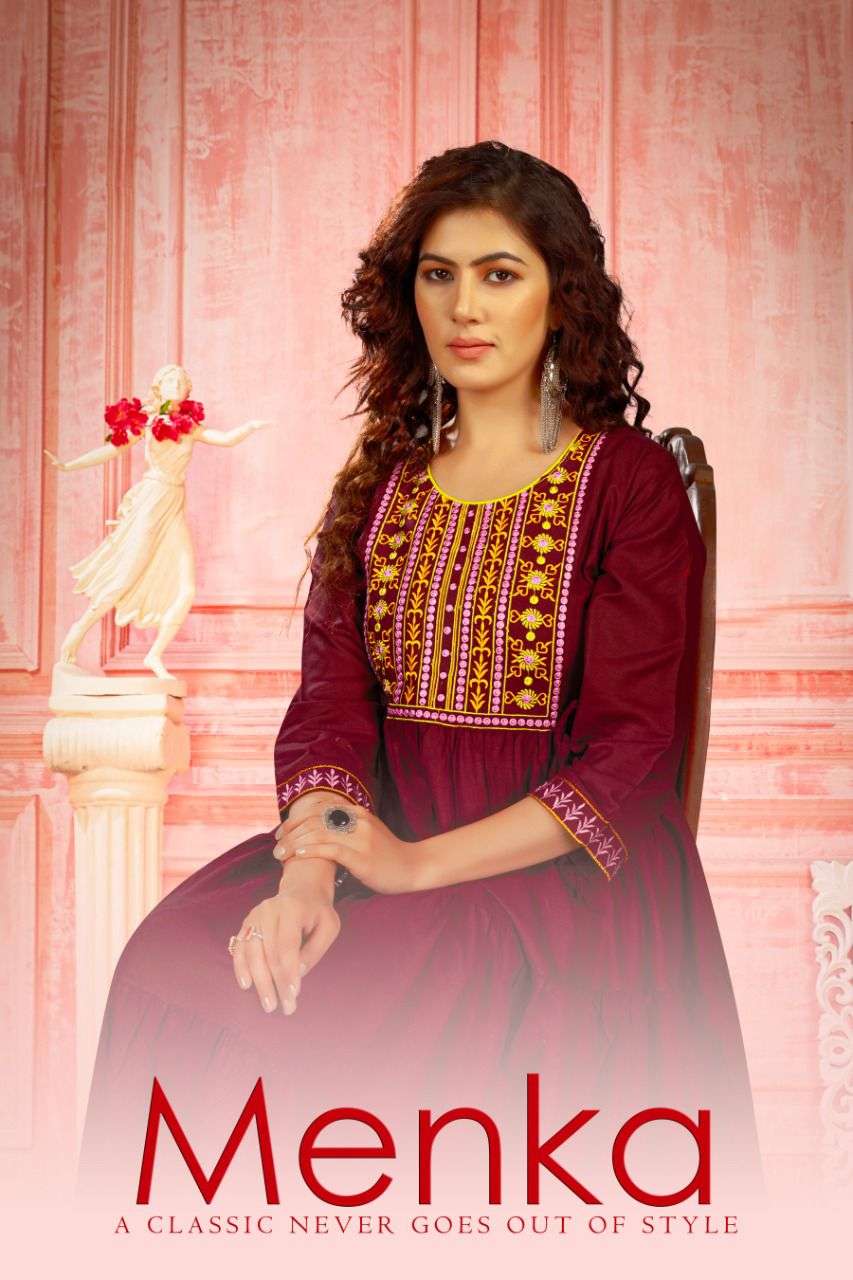 BEAUTY MENKA Heavy Reyon  Embroidery Work and Ghaghri Pattern Flair KURTI CATALOG WHOLESALER BEST RATE