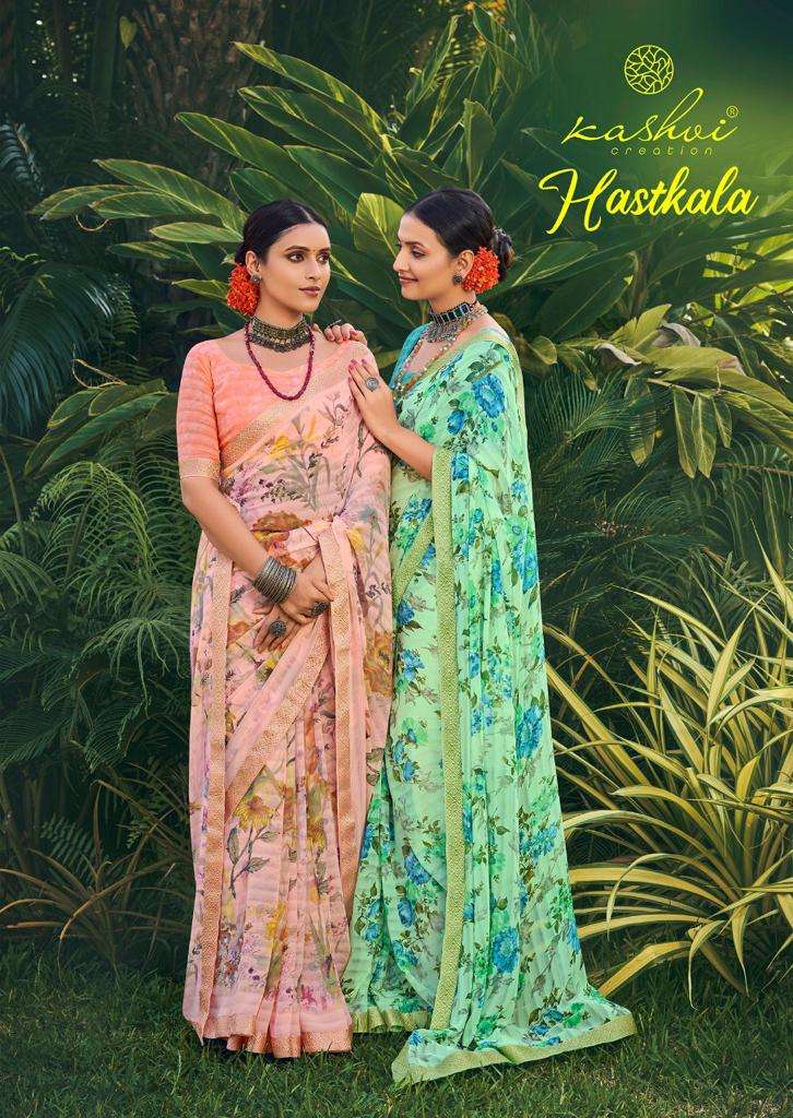 hastkala by kashvi creation georgette printed saree at kc