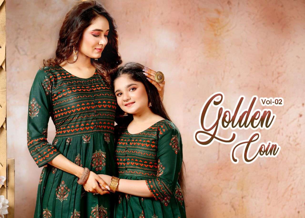 NEW GOLDEN COIN VOL.2 HEAVY PURE RAYON 14KG GOLD FOIL PRINT IN TOP MOTHER KURTI CATALOG WHOLESALER BEST RATE