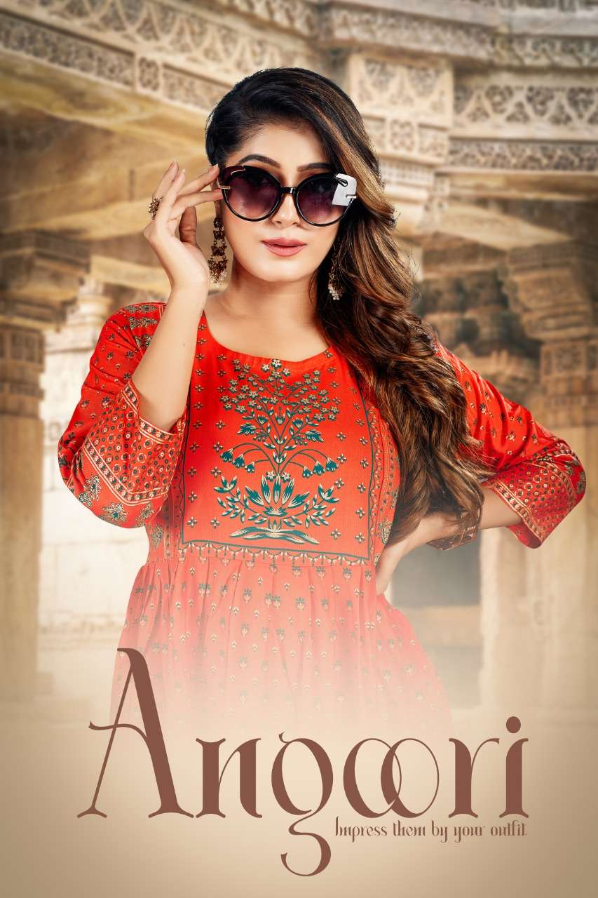 BEAUTY ANGOORI Heavy Reyon Foil Print Festive Wear Fancy Reyon Gowns KURTI CATALOG WHOLESALER BEST RATE