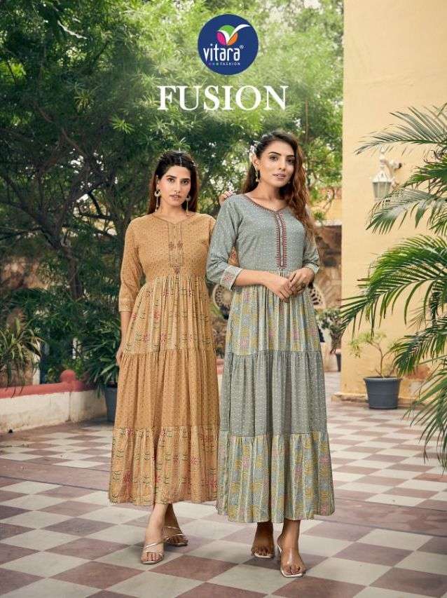 fusion by vitara rayon foil printed long gowns