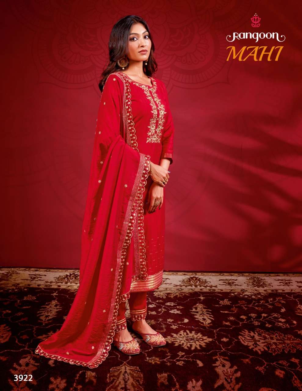 rangoon mahi readymade top and bottom with dupatta red colour 