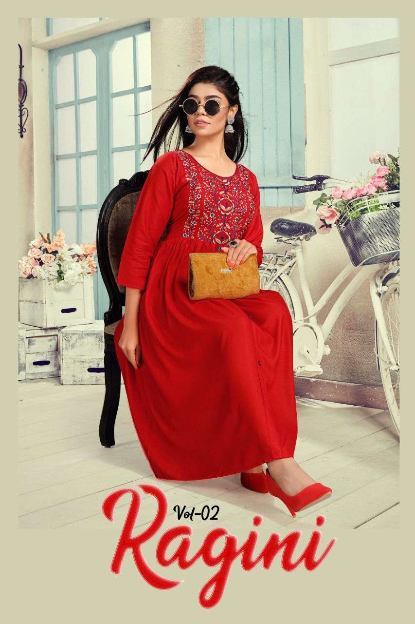 TRENDY RAGINI 2 RAYON 14KG EMBROIDERY  KURTI CATALOG WHOLESALER BEST RATE